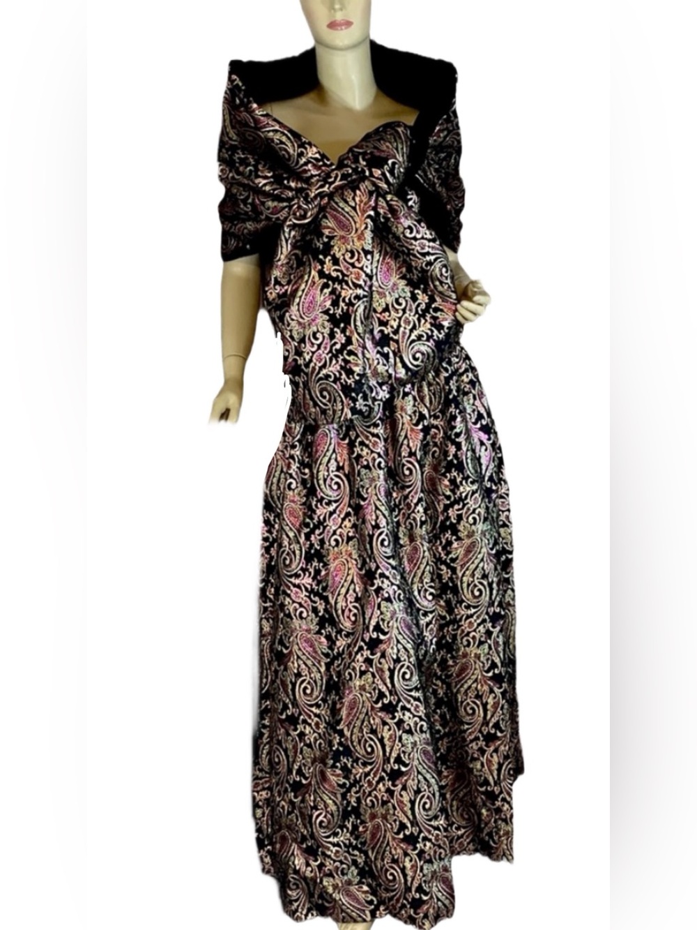 VINTAGE 1980'S VICTOR COSTA PINK, BLACK & GOLD METALLIC PRINT DRESS W/SHAWL (8) - Picture 3 of 15